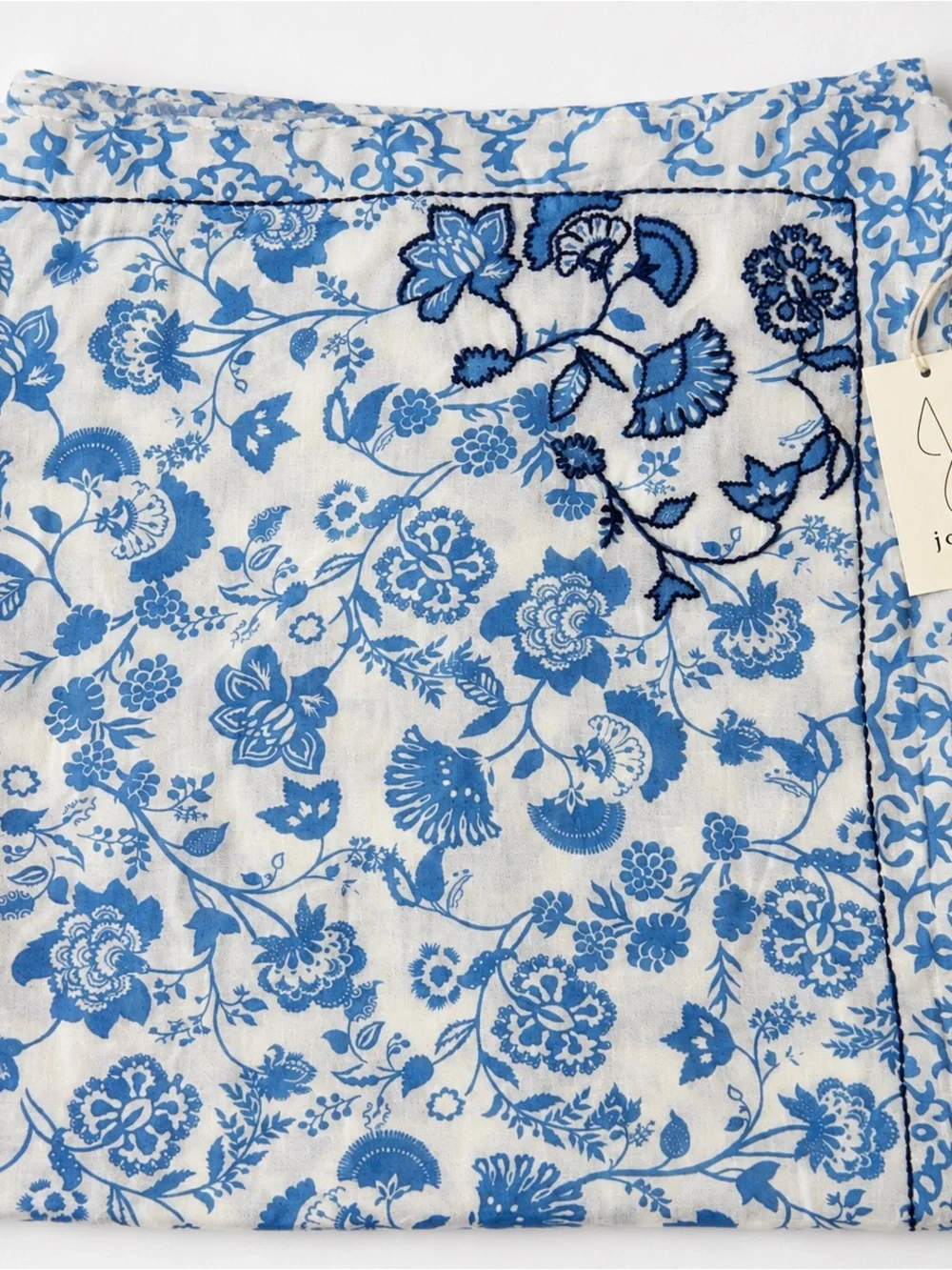 JOIE long 100% cotton Blue & White Floral Embroidered Scarf 40” X 72” , NWT